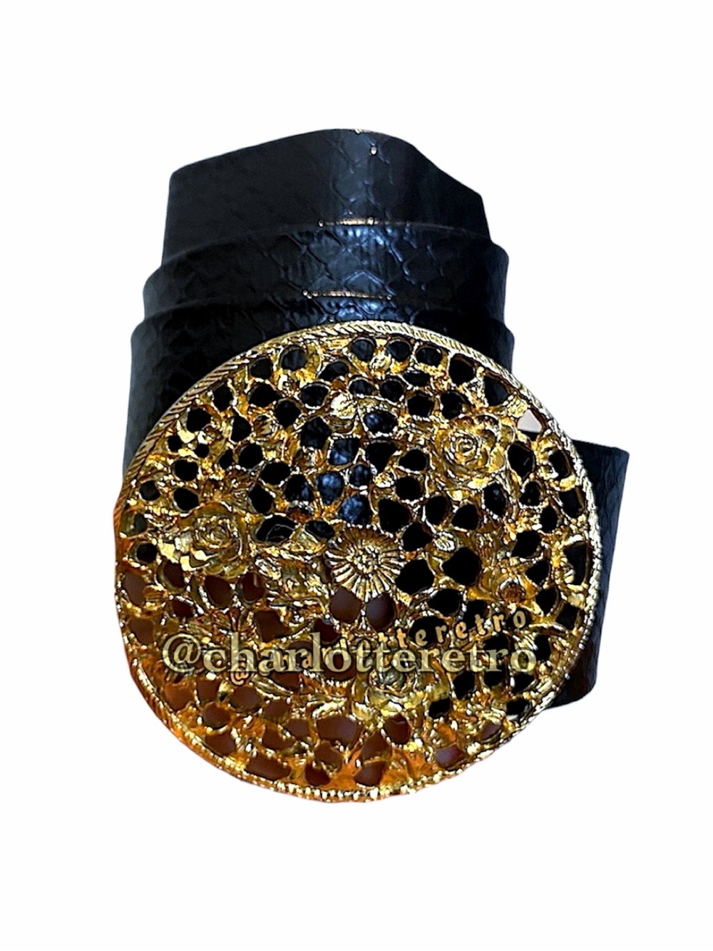vtg MiMi Di N •  Goldtone Filigree Medallion Buckle + Belt